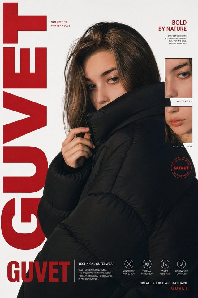 A bold fashion editorial poster featuring a young woman model in a close-up half-body portrait, wrap