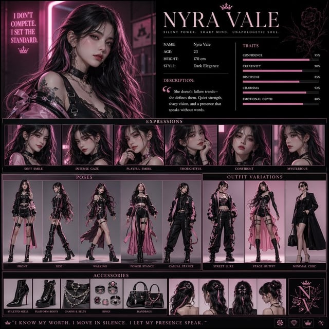 Create a high-resolution vertical character concept poster with a luxury pink and white  aesthetic, 