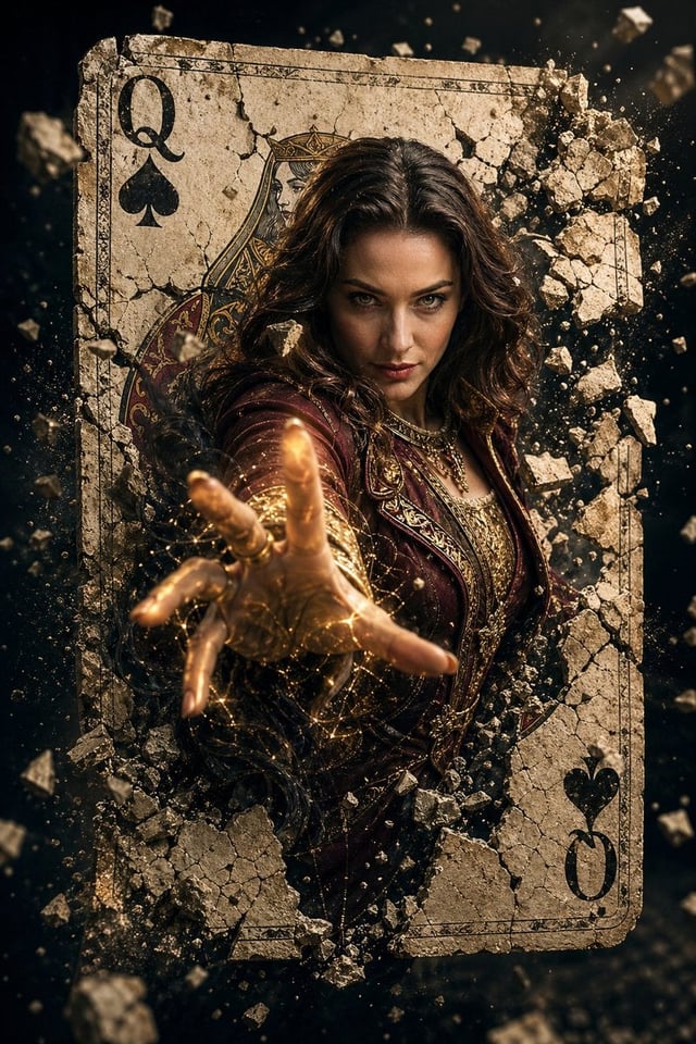 A hyper-realistic cinematic movie poster of a powerful female sorcerer with the same facial structur