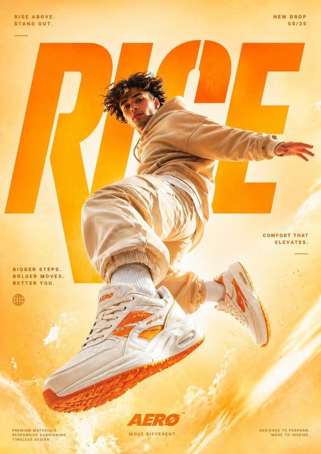 A cinematic, high-end sneaker advertisement poster featuring a young male model mid-air in a dynamic