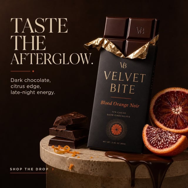 Create a premium ad for a fictional luxury chocolate brand called Velvet Bite.
