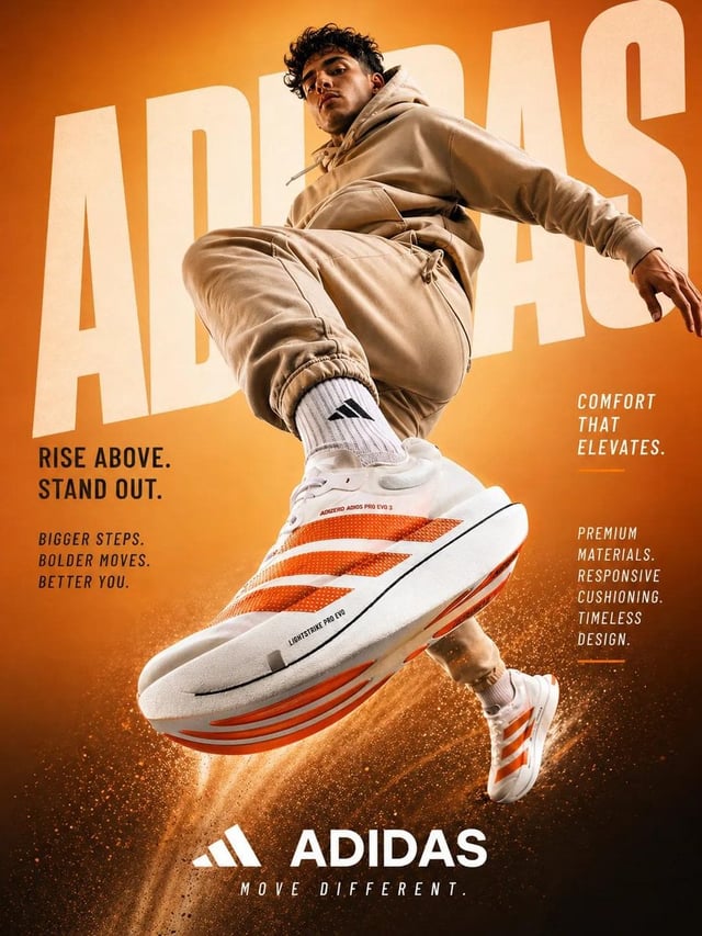 A dynamic sportswear advertisement featuring a young athletic male model captured mid-air in an expl