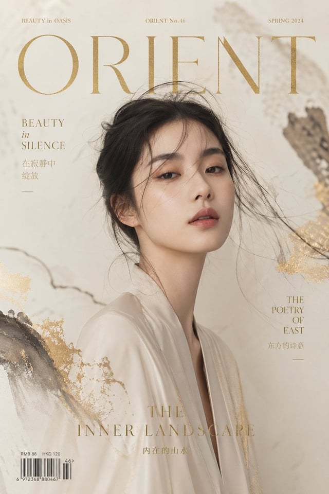 Luxury editorial cover, title "ZEN MODE", featuring a conceptual portrait of a modern Asian model,