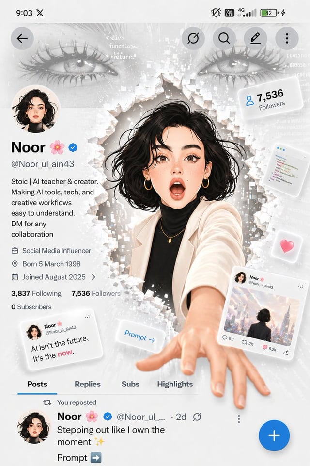 A futuristic social media profile UI in a clean white minimal aesthetic, inspired by modern app inte