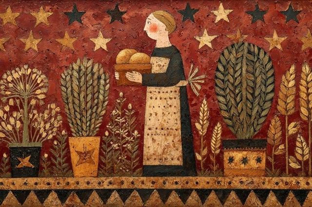 A naive folk art painting of [subject], surrounded by symbolic plants, stars, and decorative borders