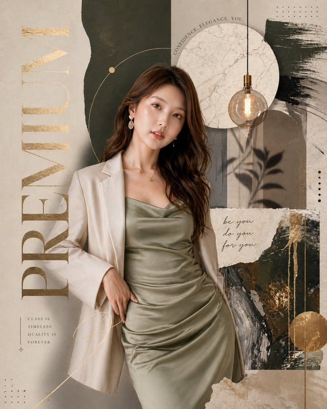 Luxury fashion editorial poster, premium magazine collage style, earthy neutral color palette (beige
