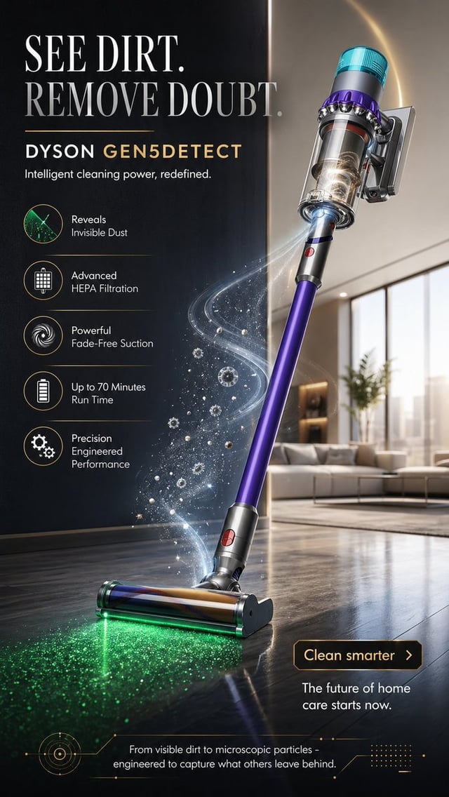 Create a visually brilliant 9:16 premium advertising poster for "DYSON GEN5DETECT". The concept shou