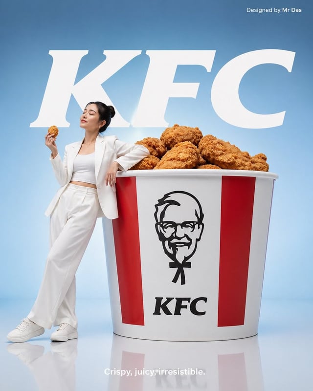 Minimalist commercial ad featuring oversized KFC bucket, ultra-clean design. A young woman in all-wh