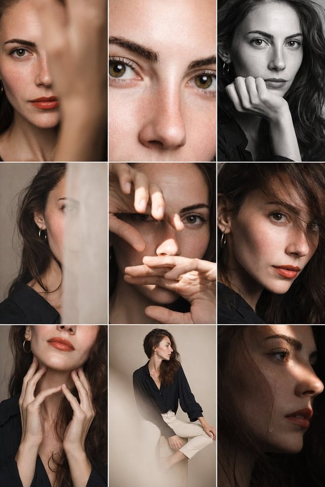 Editorial 3x3 photo grid in a clean soft beige studio. Character (matches reference 100%) wearing li