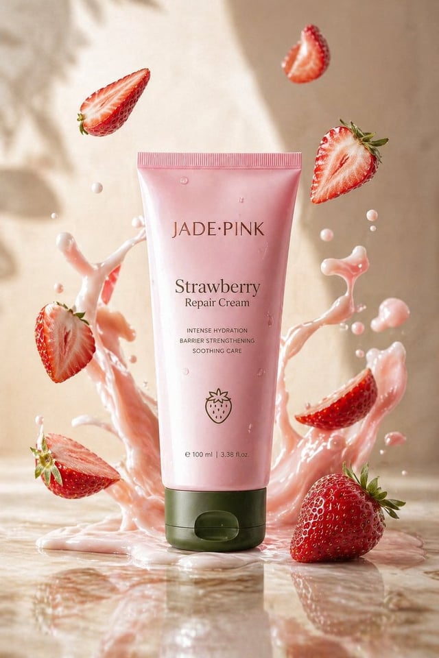 A sleek jade-pink tube labeled "Strawberry Repair Cream" upright on glossy marble, surrounded by cre