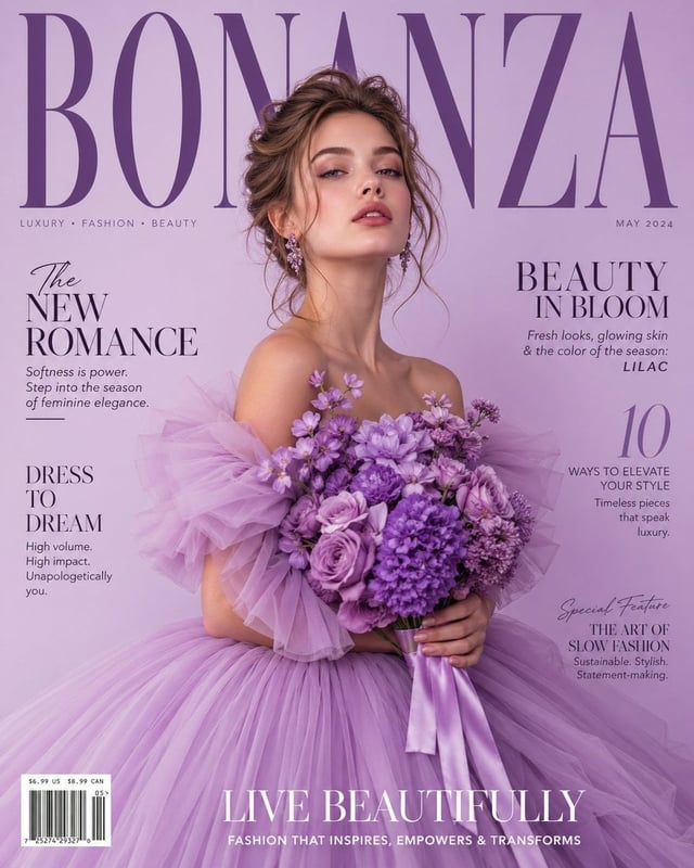 A luxury high-fashion magazine cover in a soft light purple (lavender) gradient background. A beauti