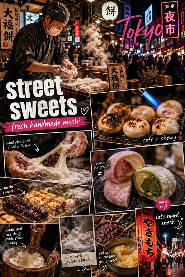 A vibrant Tokyo street food scene focused on Japanese mochi desserts, styled as a dynamic Pinterest-