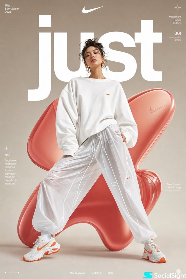 High-fashion futuristic sportswear editorial poster, full-body female model in dynamic wide-leg stan