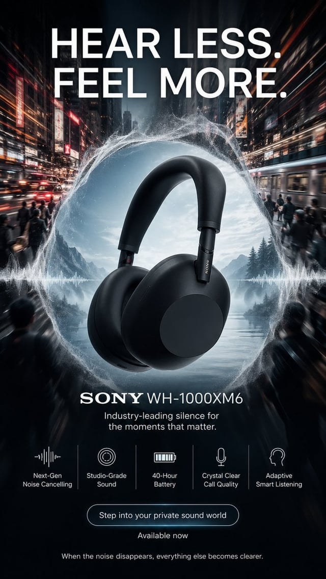 Create a high-end 9:16 vertical advertising poster for "SONY WH-1000XM6". The creative concept is "s