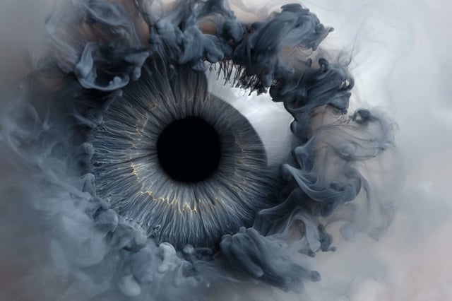 A [subject] emerges from swirling liquid plumes suspended in milky water, shaped by flowing ink diff