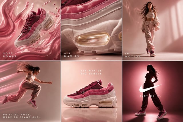 cinematic 6-frame grid (3x2), ultra-premium campaign for Nike Air Max 95 “Big Bubble” in deep berry 