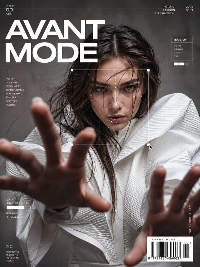 Ultra-realistic fashion editorial portrait of a confident woman in avant-garde white couture with dr