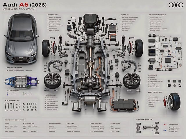 Create an ultra-high fidelity exploded technical diagram of a 2026 Audi A6, presented as a premium e