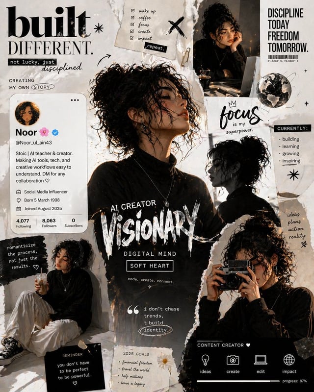 A bold, editorial-style digital collage in a monochrome white and beige theme with subtle warm highl