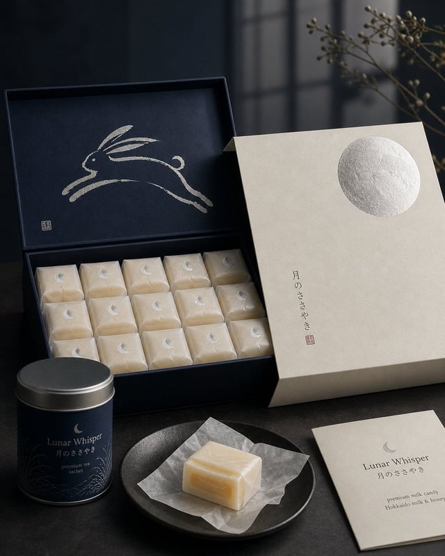 Premium Japanese confectionery packaging concept, “Lunar Whisper” / 月のささやき, inspired by moon rabbit 