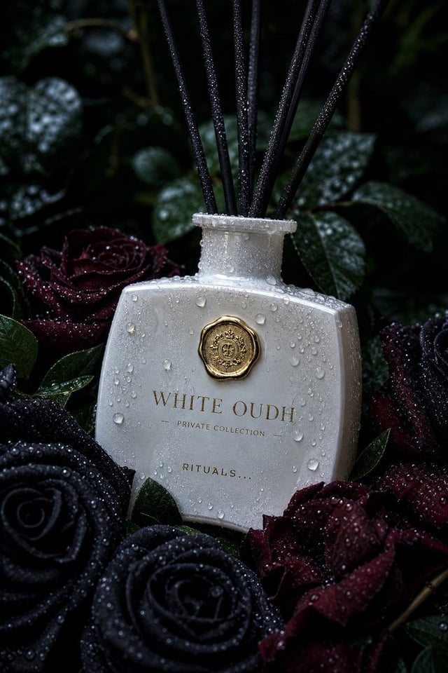 Ultra-realistic luxury product photography of a white creamy glass reed diffuser bottle labeled “WHI