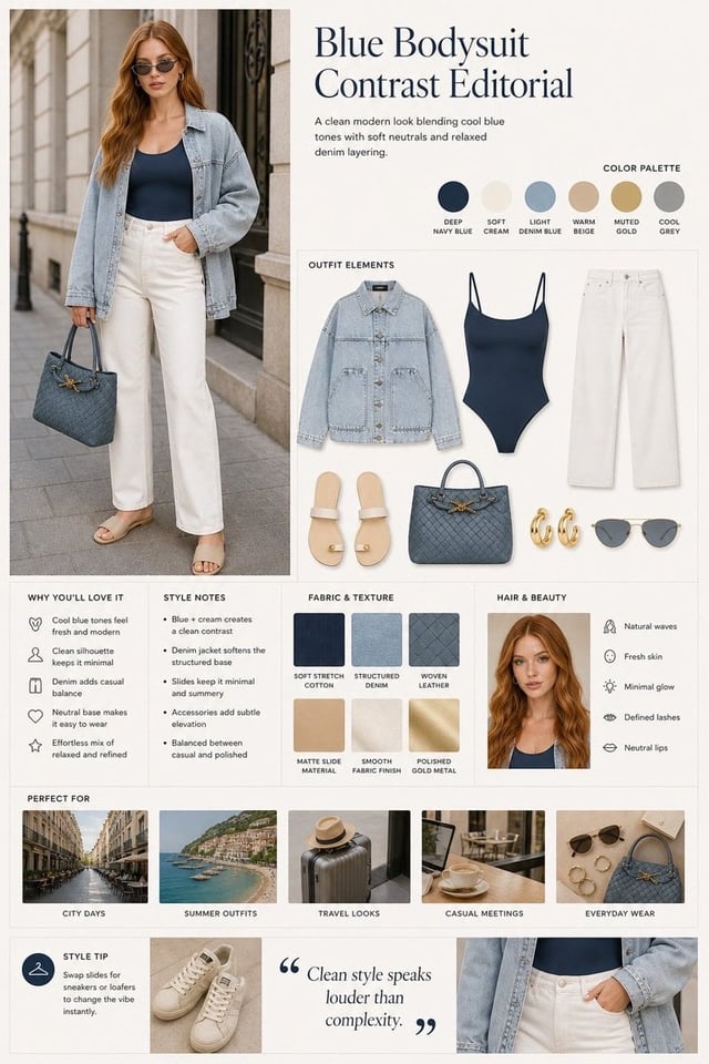 Fashion editorial layout, split design with model photo on the left and styled outfit board on the r