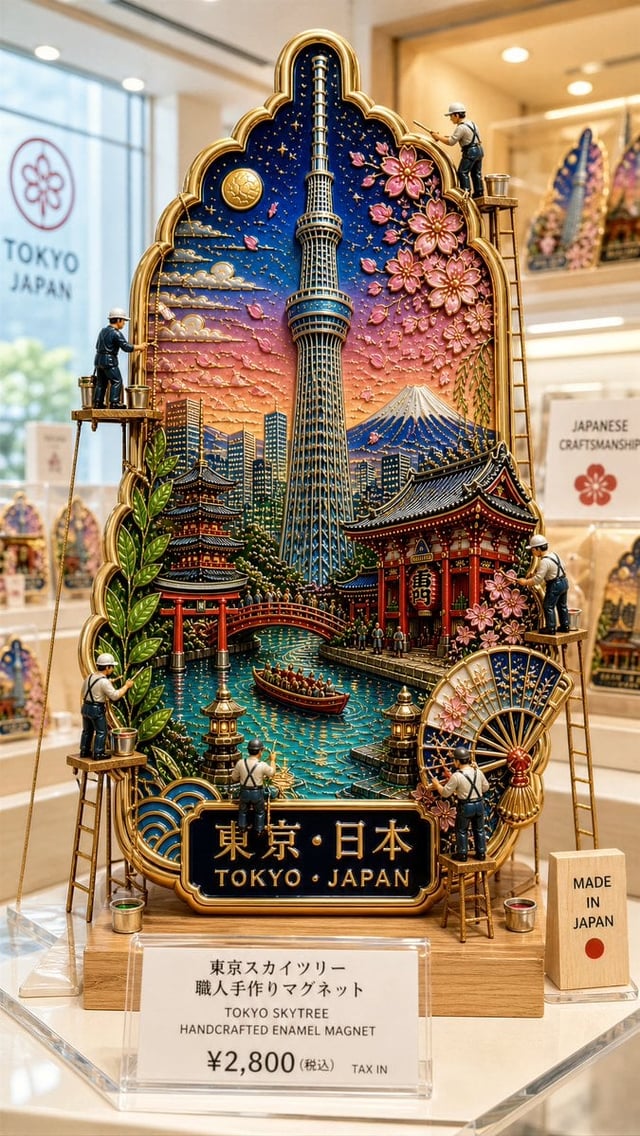 Ultra-premium cloisonné enamel collectible fridge magnet displayed inside a bright, high-end store w