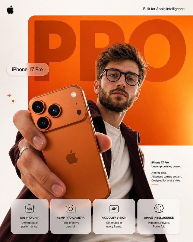 Create a premium Apple-style smartphone advertisement poster in 4:5 vertical format, ultra-high reso