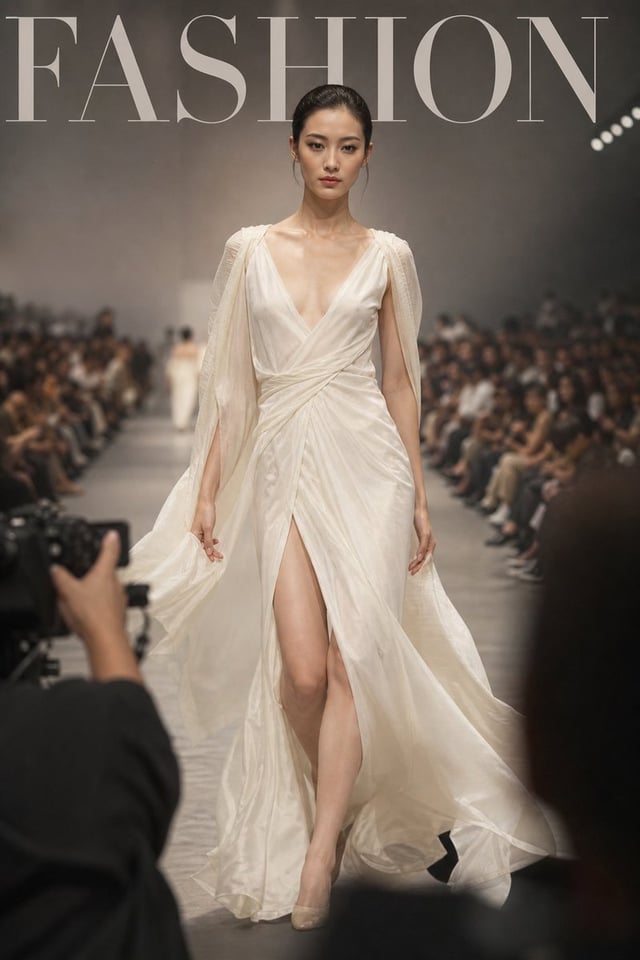 Luxury high-fashion runway magazine cover, title "FASHION",