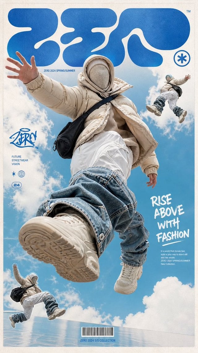 一张高端潮流街头服装海报，画面主体是一位无脸的未来感模特漂浮跳跃在天空中，穿着超大号米色羽绒服、层叠兜帽和针织面罩，面部被完全遮住；下身穿白色宽松工装裤，裤腿外叠加夸张的浅蓝与深蓝堆叠牛仔护腿，脚穿米