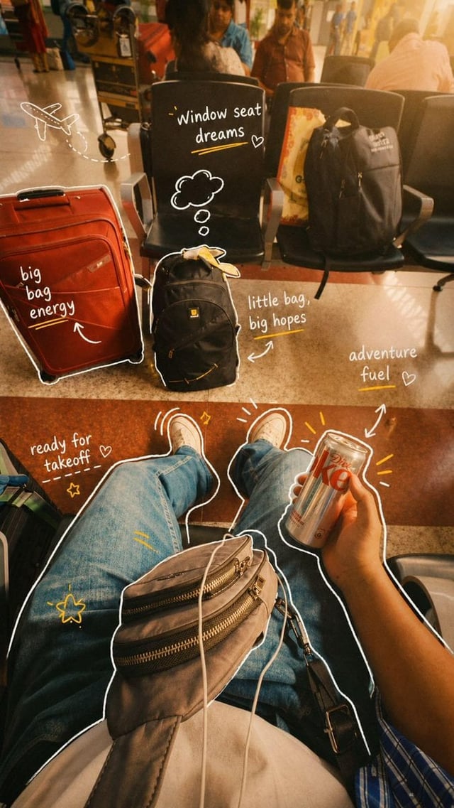 POV travel photography of a person sitting at an airport and inside an airplane, casual outfit with 