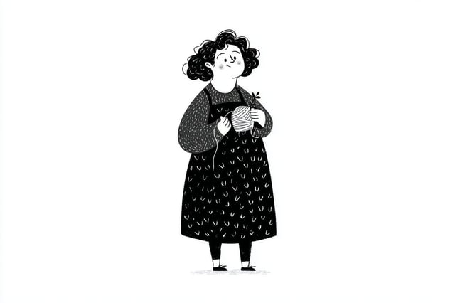 A simple black-and-white illustration of a [subject] in [outfit], [doing action], with a [facial exp