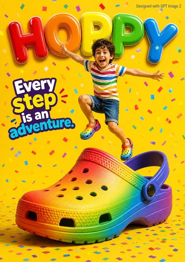 A vibrant children’s shoe advertisement poster featuring a joyful 7-year-old boy jumping energetical