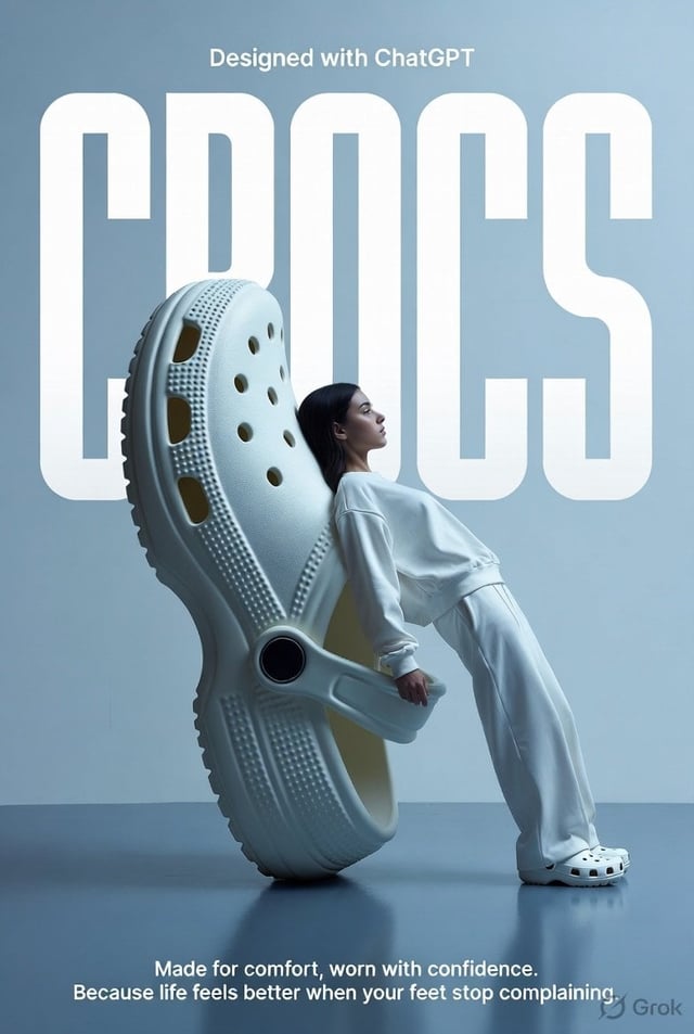A high-fashion surrealist advertising poster for Crocs. The scene is set in a minimalist, monochrome