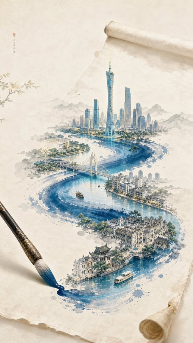 一张 新中式极简东方美学 风格的创意插画海报，整体画面以 宣纸暖白背景 为主，带有极轻微纸张肌理与大面积留白，画面安静、克制、雅致，具有高级东方意境与文化海报气质。