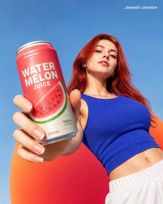 A highly realistic low-angle shot of a confident young woman with long, vibrant red hair, holding a 