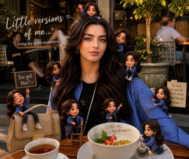 Mini “chibi 3D” versions of the same person appear around the original photo — sitting, climbing, pl