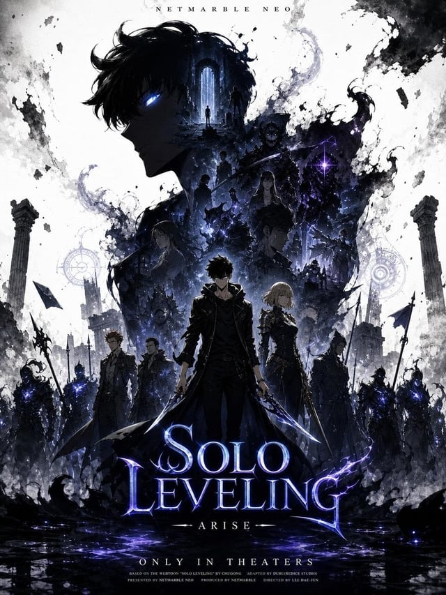 Create a promotional poster of a SOLO LEVELING-themed character with a vertical Facebook portrait po