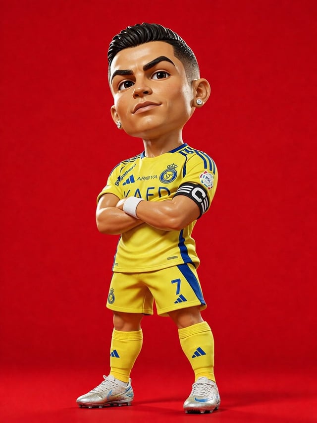 3D rendered caricature figurine of Cristiano Ronaldo, big head chibi style, wearing Al Nassr yellow 
