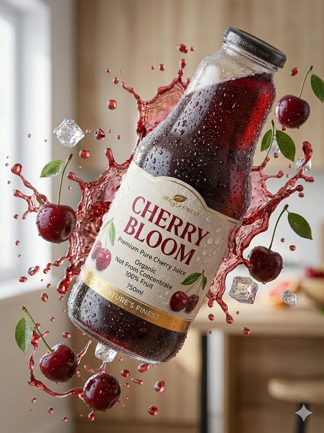 Create an ultra-realistic 3D commercial-style product shot of a premium cherry juice bottle, suspend