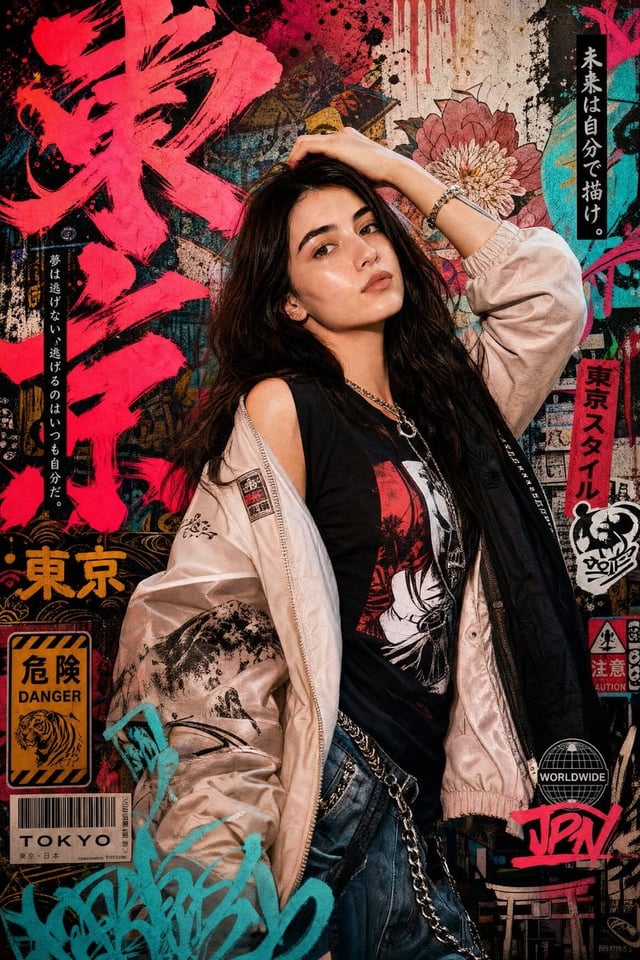 Create a high-detail portrait poster in a bold Japanese graffiti-inspired art style, combining moder
