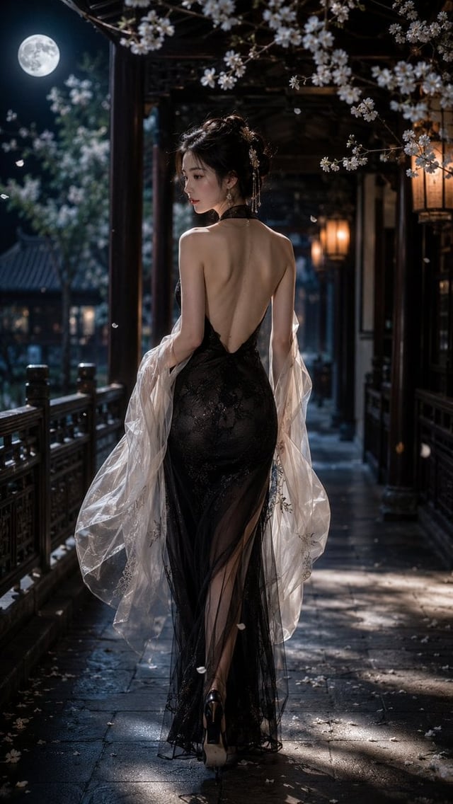 一位成年东方女性，9:16 竖版构图，写实风格，全身偏背面人像，人物行走在一条古典中式回廊之中，画面从后方略低机位捕捉她的身影，人物为绝对视觉中心。她微微回首，露出精致柔和的侧脸与安静迷人的神情，整体