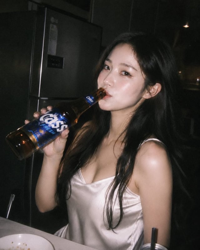 Ultra-realistic candid night photography of a beautiful East Asian woman with long black hair wearin