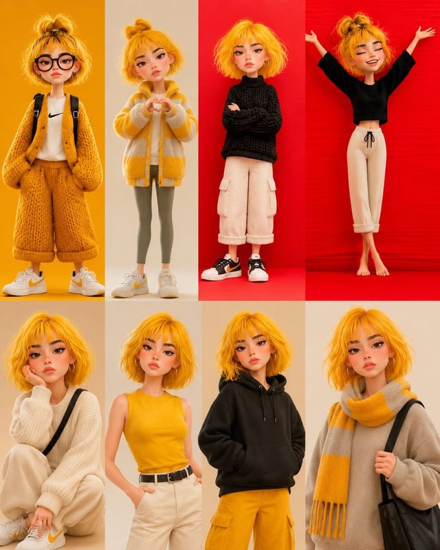 Ultra detailed stylized 3D Pixar-inspired girl collage, same female character in 8 different aesthet