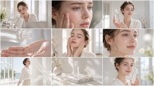 Create a clean, bright skincare commercial storyboard in a 16:9 layout with 9 panels. Use soft natur
