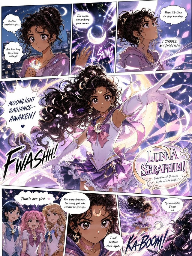 Create a full-page colored magical-girl manga illustration inspired by Sailor Moon aesthetics, based