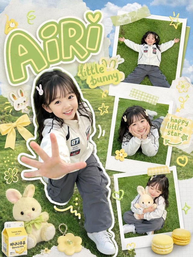 Kawaii scrapbook-style children photography poster, cute little girl with long black hair posing on 