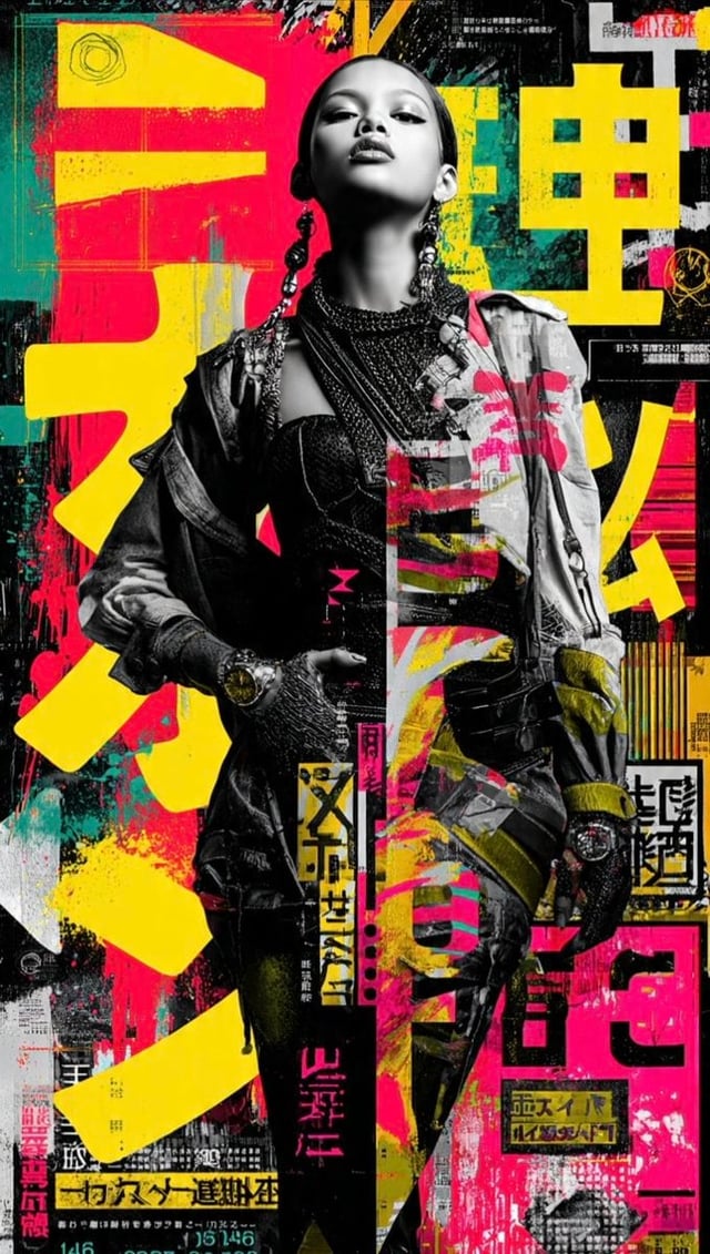 A striking, avant-garde editorial collage featuring a confident fashion model in edgy, tactical stre