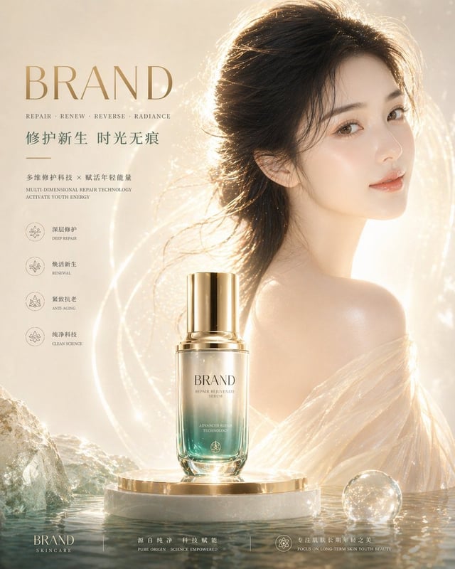 重点强化皮肤质感： 肌肤通透白皙，真实细腻，毛孔隐约可见但干净，肤质均匀细滑，无瑕疵感，呈现健康水润光泽（dewy skin），高光集中在颧骨、鼻梁、额头与肩部，具有柔和镜面反射（specular h