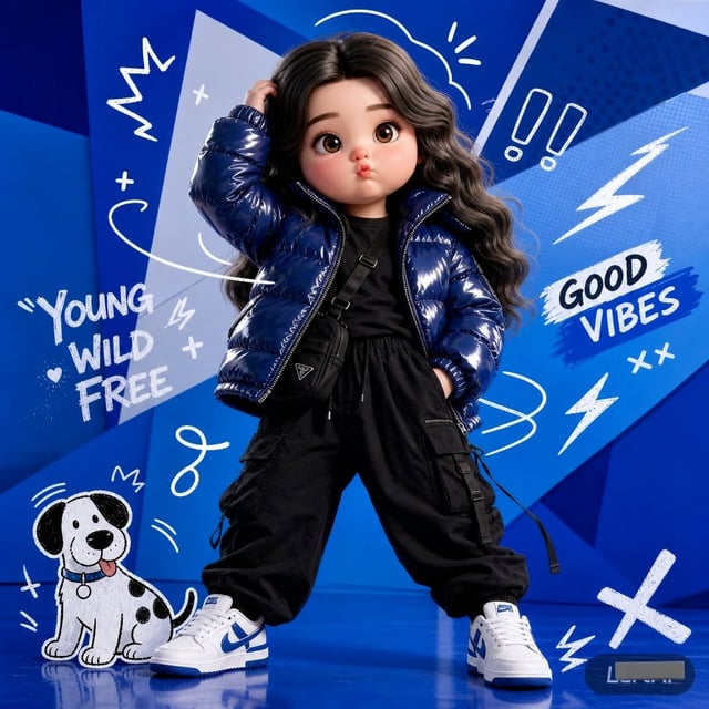 A full-body fashion editorial scene against a vibrant electric-blue studio background with layered g